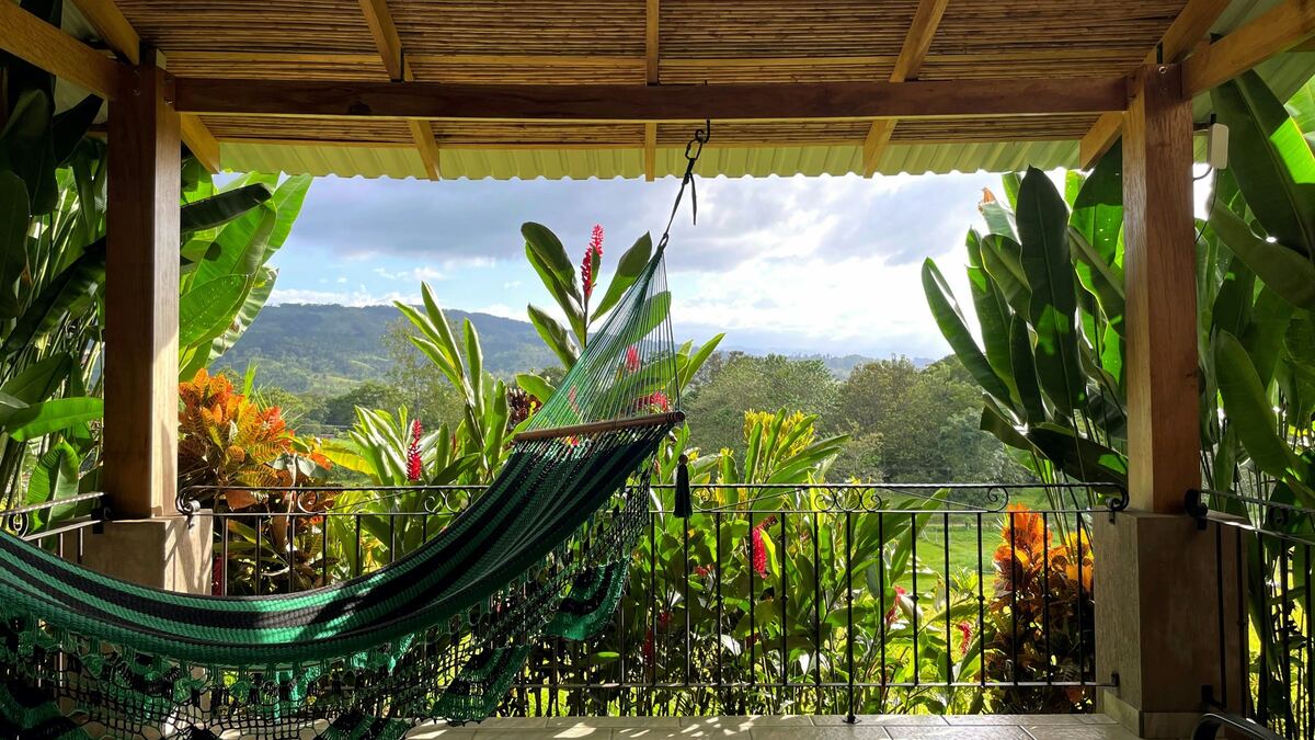 Varanda da pousada com rede, flores tropicais e vista para as montanhas verdes